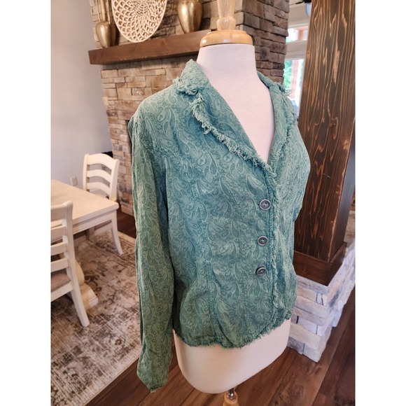 Tianello Tencel Blazer Paisley Print Green Medium Boho Fringe - Picture 4 of 7